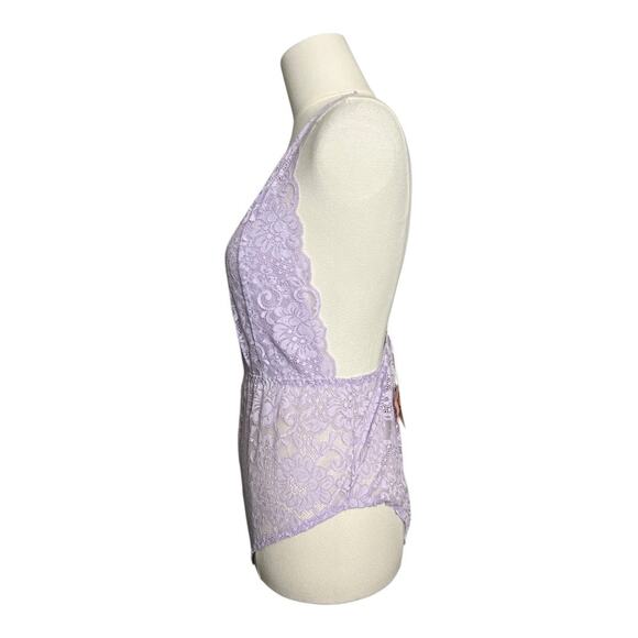 We are HAH / Free People NWT  Comin' In HAHt Bodysuit Lace Coquette Lavender L - Picture 2 of 5